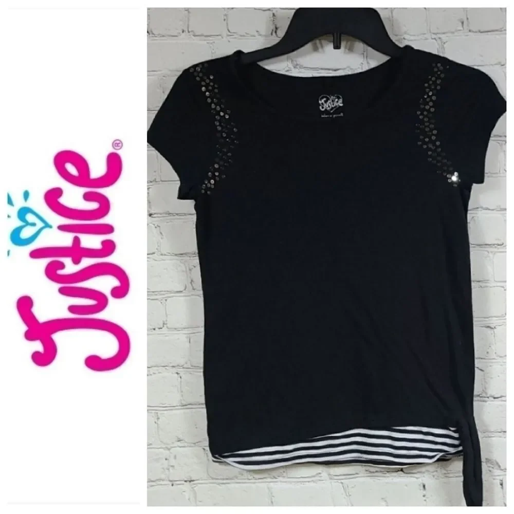 Justice Black Sequin Knit Top Stripe Hem Side Knot Tee Girls Size 10 Trendy Soft